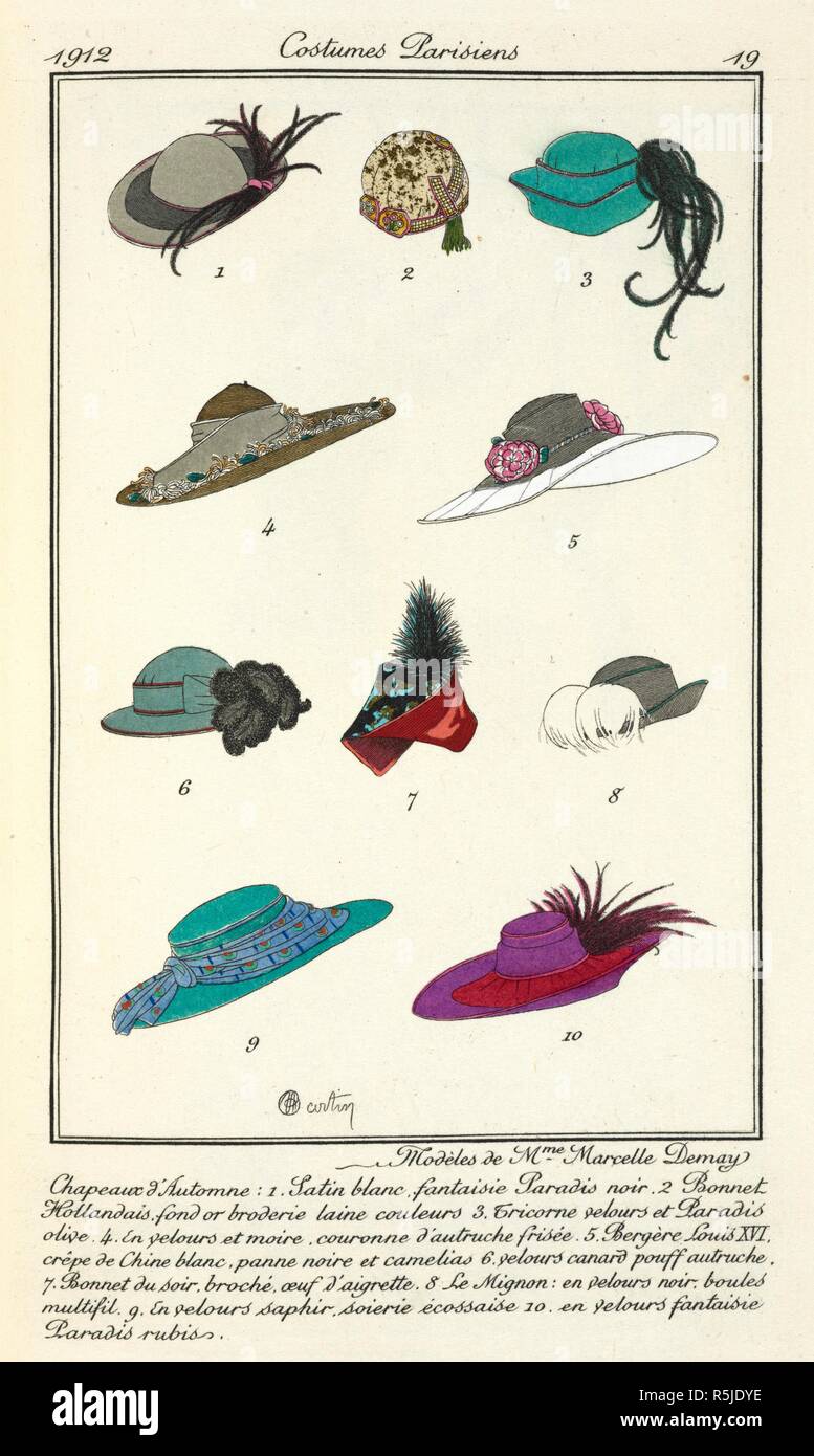 Cappelli. Journal des dames et des modes. [Con le piastre colorate.]. Parigi, 1912-14. Fonte: P.P.5242.DC, la piastra 19. Autore: Martin, Charles. Foto Stock