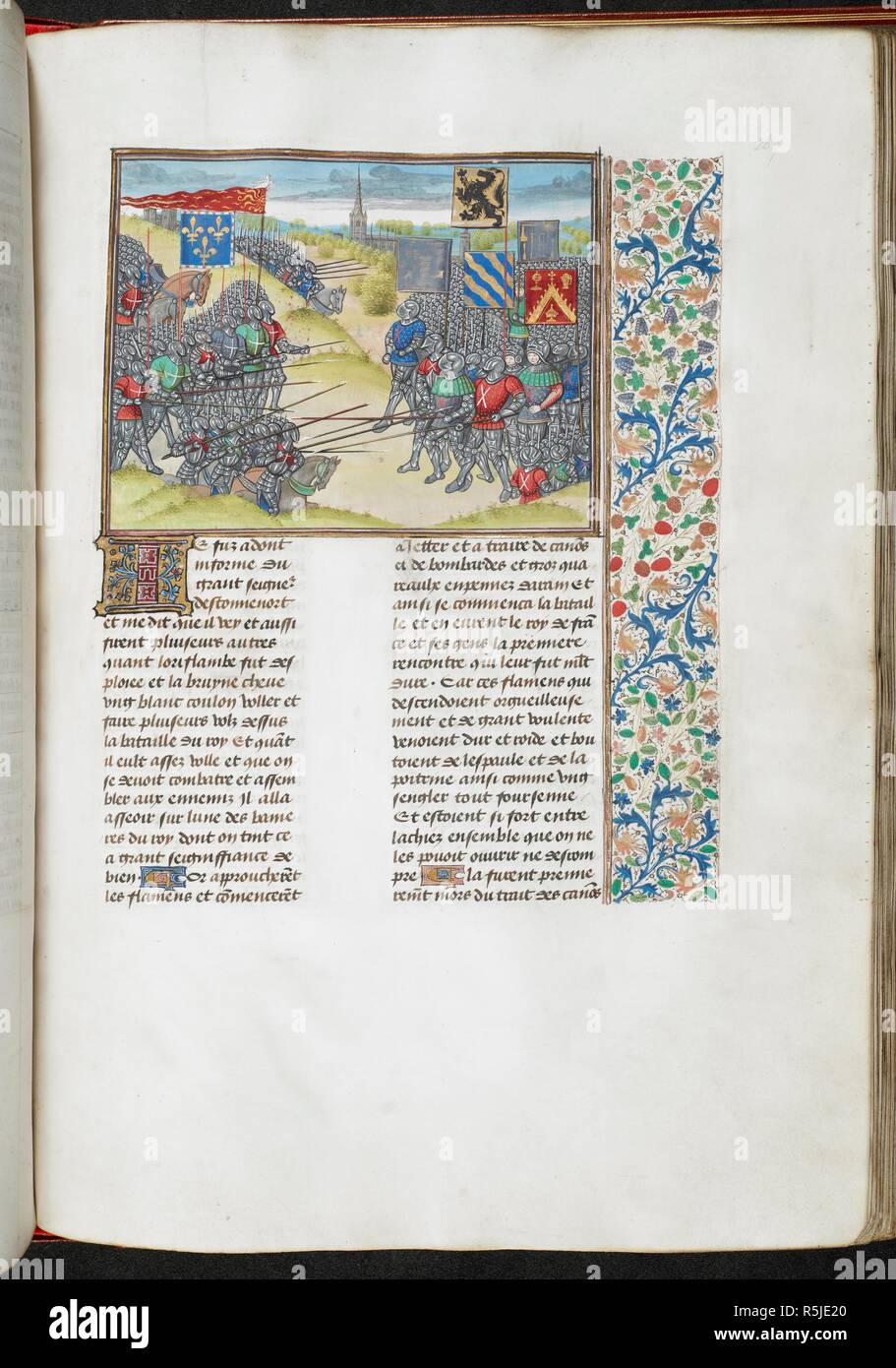 Battaglia di Mont d'Or. Testo e bordo floreale. Chroniques. Paesi Bassi, S. ultimo quarto del XV secolo, prima del 1483. Fonte: Royal 18 E. I f.269. Lingua: Francese. Autore: Froissart, Jehan. Foto Stock