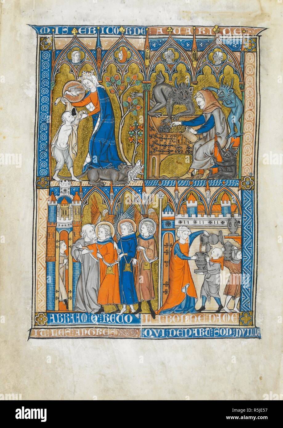 Sopra a sinistra; misericordia, coronata figura femminile, detiene una colomba in un medaglione e getta un indumento su un uomo spogliato per la vita. Essa si erge su un lupo che afferra un agnello. Sopra a destra; avarizia, un barbuto avaro di stracci, assistita da tre demoni, trasferimenti monete d'oro da un piccolo recipiente ad un ampio torace con elementi in ferro battuto. In basso a sinistra; Abramo e i tre angeli. Sotto a destra; la vedova del petrolio; una vedova versa l'olio in un grande vaso detenute da un uomo, mentre un altro uomo porta un secondo barattolo di distanza. La Somme Le Roy. Francia [Parigi o Maubuisson?]; tra il 1290 e il 1300. Fonte: Aggiungi. 28162, f.9v. Lingue: Latina Foto Stock