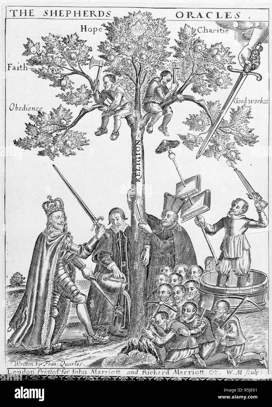 Charles I. Gli oracoli Shepheards: consegnato in taluni Eglog. Londra, 1646. Disegno allegorico di Carlo mi solleva una spada per un cuscinetto di albero la parola "ligion'. Immagine presa dal Shepheards oracoli: consegnato in taluni Eglogues. Originariamente pubblicato/prodotto in London, 1646. . Fonte: 11623.bb.32, frontespizio. Foto Stock