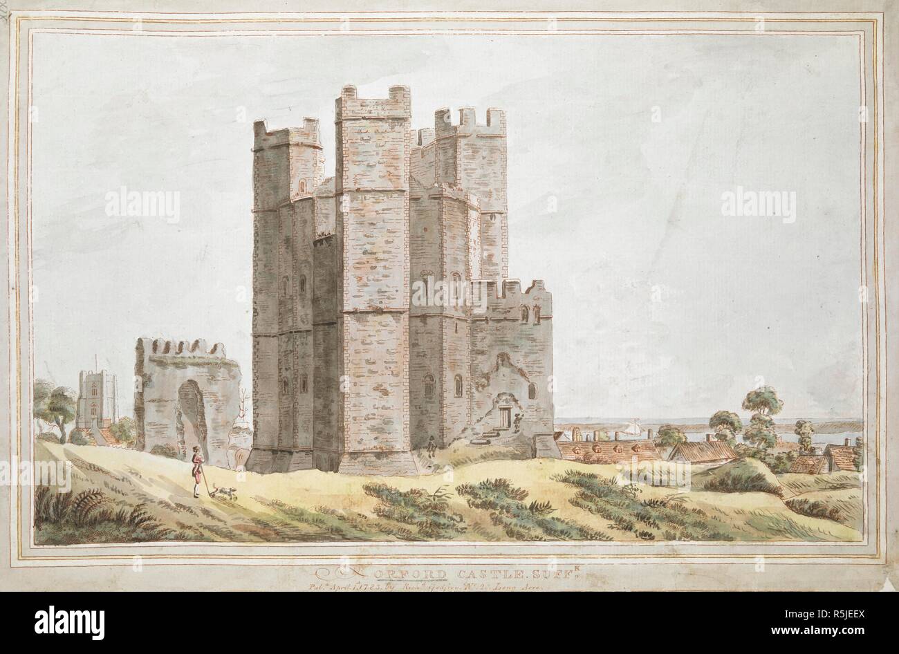 Vista guardando a Orford Castello nel Suffolk; il villaggio di Orford dietro; il mare in lontananza . ORFORD CASTLE SUFFK. [Londra] : Pubd 1 Aprile 1783 da Richd Godfrey No20 Long Acre, [1 Aprile 1783]. Incisione stampata con inchiostro rosso con mano-colorazione. Fonte: Mappe K.Top.39.24.b. Lingua: Inglese. Foto Stock