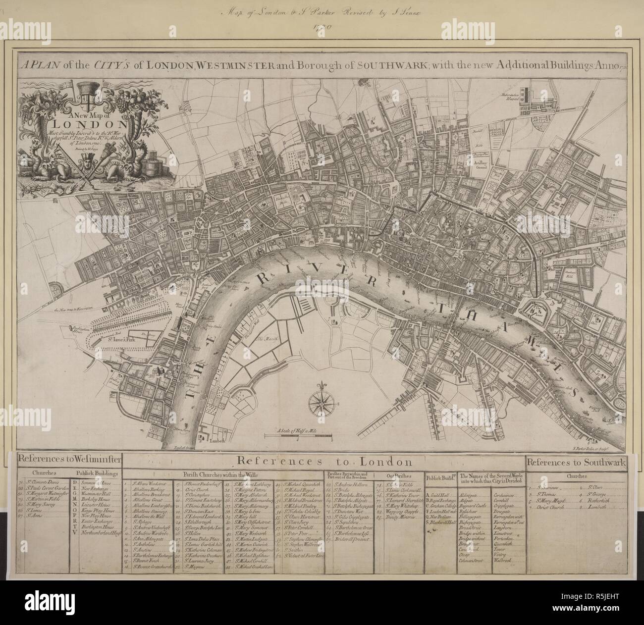 Pianta della città di Londra, Westminster e Borough di Southwark; con i nuovi edifici supplementari; Anno 1720. Una nuova mappa di Londra più umilmente inscrib'd alla Rt Worshipfull Sr Pietro Delme Kt & Aldermâ¿ di Londra 1720 Riveduto da InÂº Senex S Parker delin et scolpire (una pianta della città [sic] di Londra, Westminster e Borough di Southwark; con i nuovi edifici supplementari Anno 1720) una scala di mezzo miglio[=65 mm] 13 colonne dei riferimenti al fondo. Daniel Browne, Thomas Taylor, John Darby, John Senex, 1721. Fonte: maps.Crace.II.81. Foto Stock