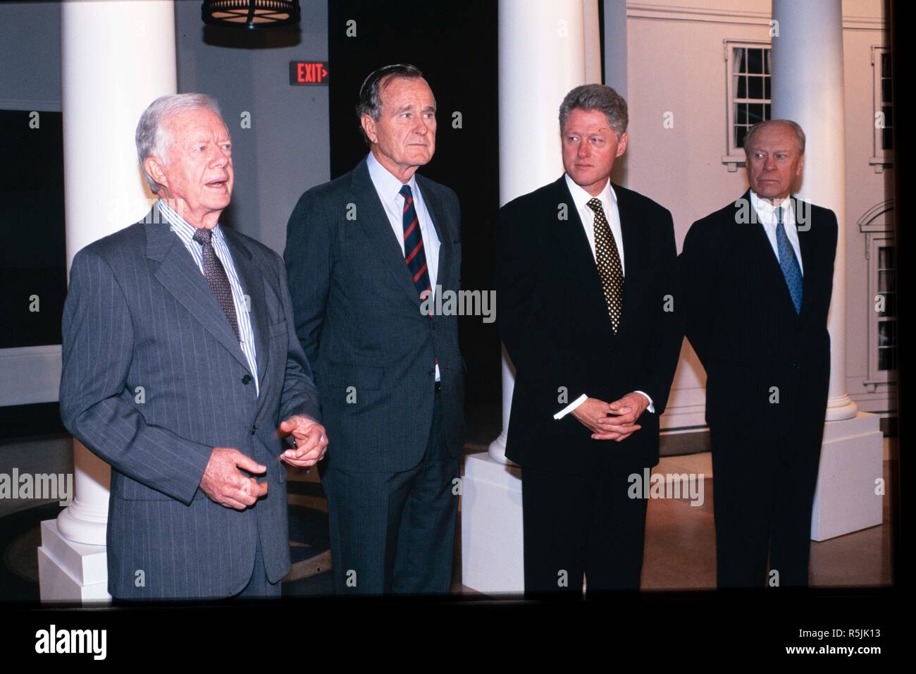 Quattro vivono U.S. Presidenti in apertura di George H.W. Bush Presidential Library in College Station, Texas, nel 1997. L ex Presidente George H.W. Bush passate, nov. 30, 2018 a Houston, TX. Foto Stock