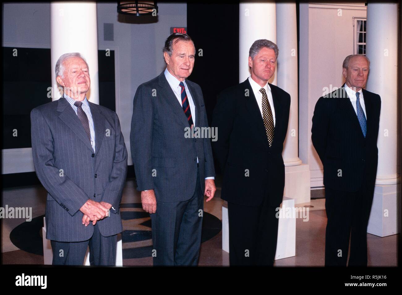 Quattro vivono U.S. Presidenti in apertura di George H.W. Bush Presidential Library in College Station, Texas, nel 1997. L ex Presidente George H.W. Bush passate, nov. 30, 2018 a Houston, TX. Foto Stock