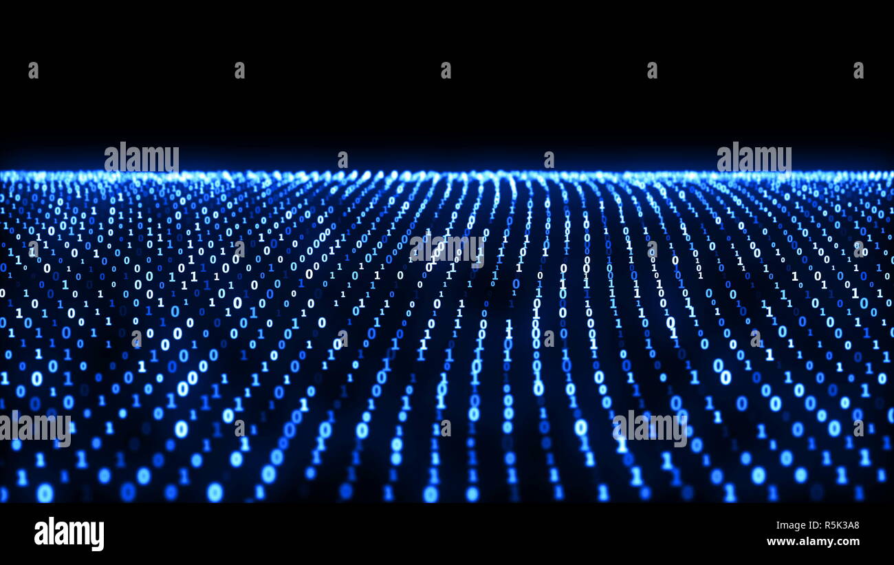 Animazione astratta del codice binario onde con cifre binarie 1 e 0 e moto codice binario su sfondo. Animazione simboleggia l'oceano. Sfondo digitale seamless loop Foto Stock