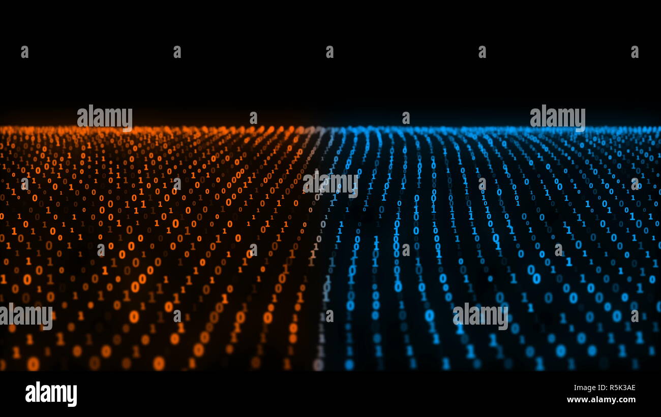 Animazione astratta del codice binario onde con cifre binarie 1 e 0 e moto codice binario su sfondo. Animazione simboleggia l'oceano. Sfondo digitale seamless loop Foto Stock