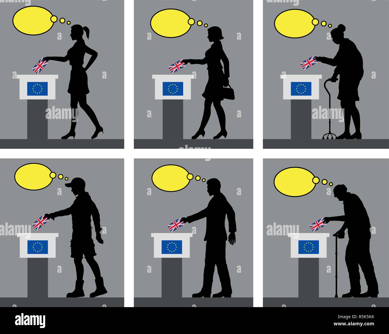 I cittadini britannici di voto per Brexit nel Regno Unito con bolle di pensiero. Tutti gli oggetti di silhouette e gli sfondi sono in diversi strati. Illustrazione Vettoriale