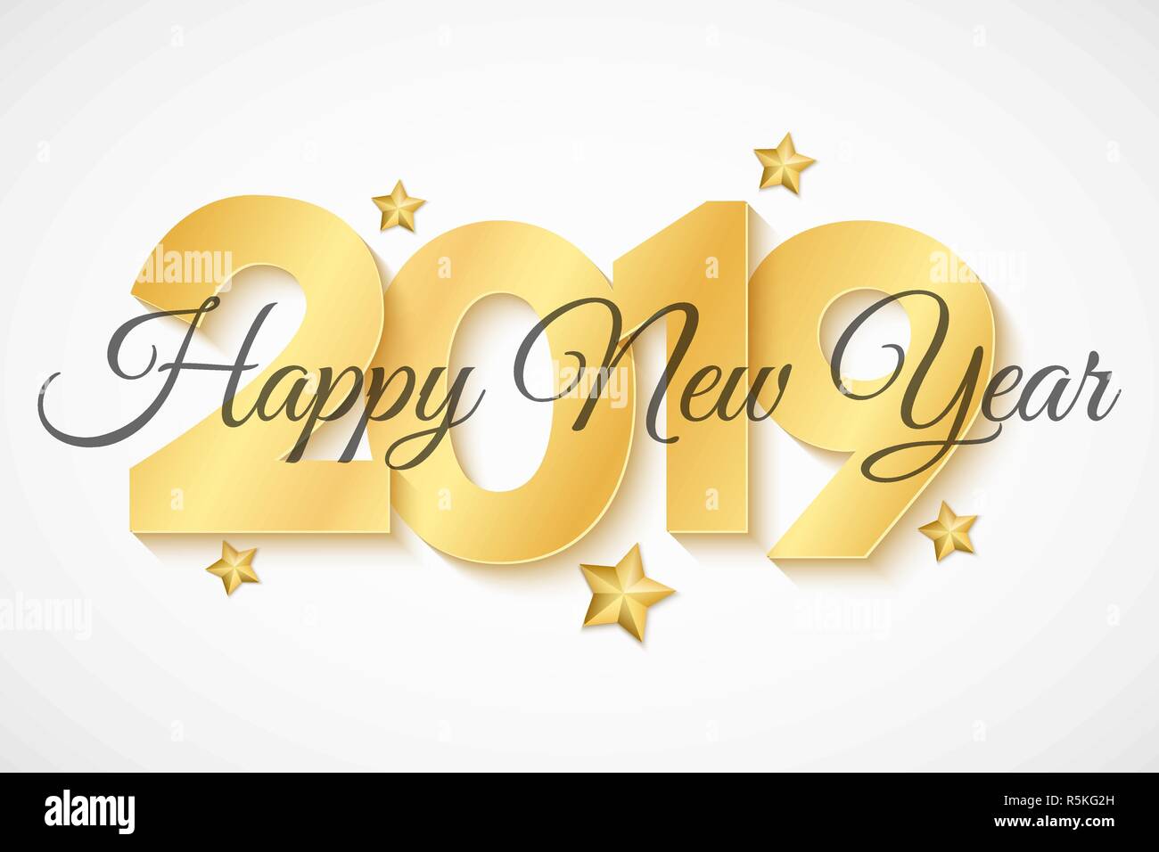 Felice anno nuovo 2019. 3d oro numeri. La calligrafia nero. Vacanze di lusso sfondo web. Golden Stars. Illustrazione Vettoriale. EPS 10 Illustrazione Vettoriale