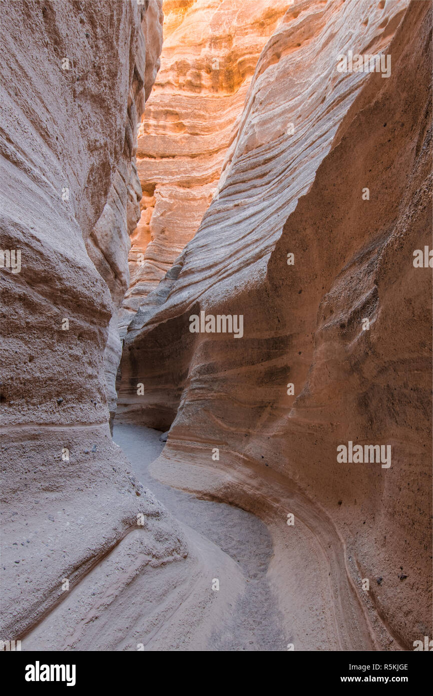Le ripide pareti verticali di una slot canyon riflettono la luce del sole e circondano il fondo di una slot canyon presso Kasha-Katuwe tenda rocce monumento nazionale Foto Stock