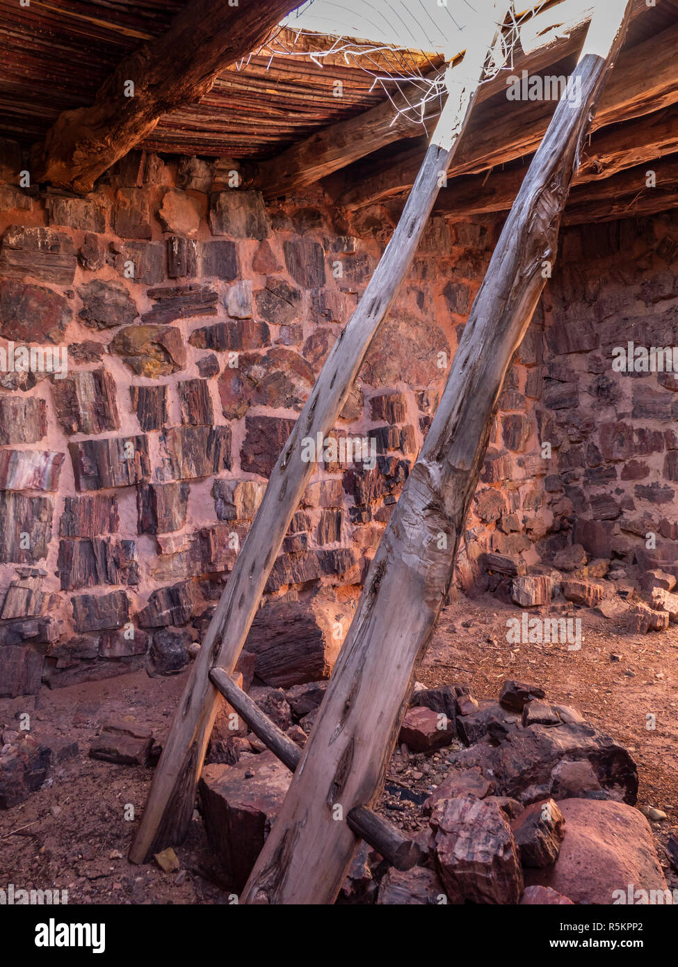 Interno della casa di agata rovina, lunghi Log e casa di agata sentieri, Parco Nazionale della Foresta Pietrificata, Arizona. Foto Stock
