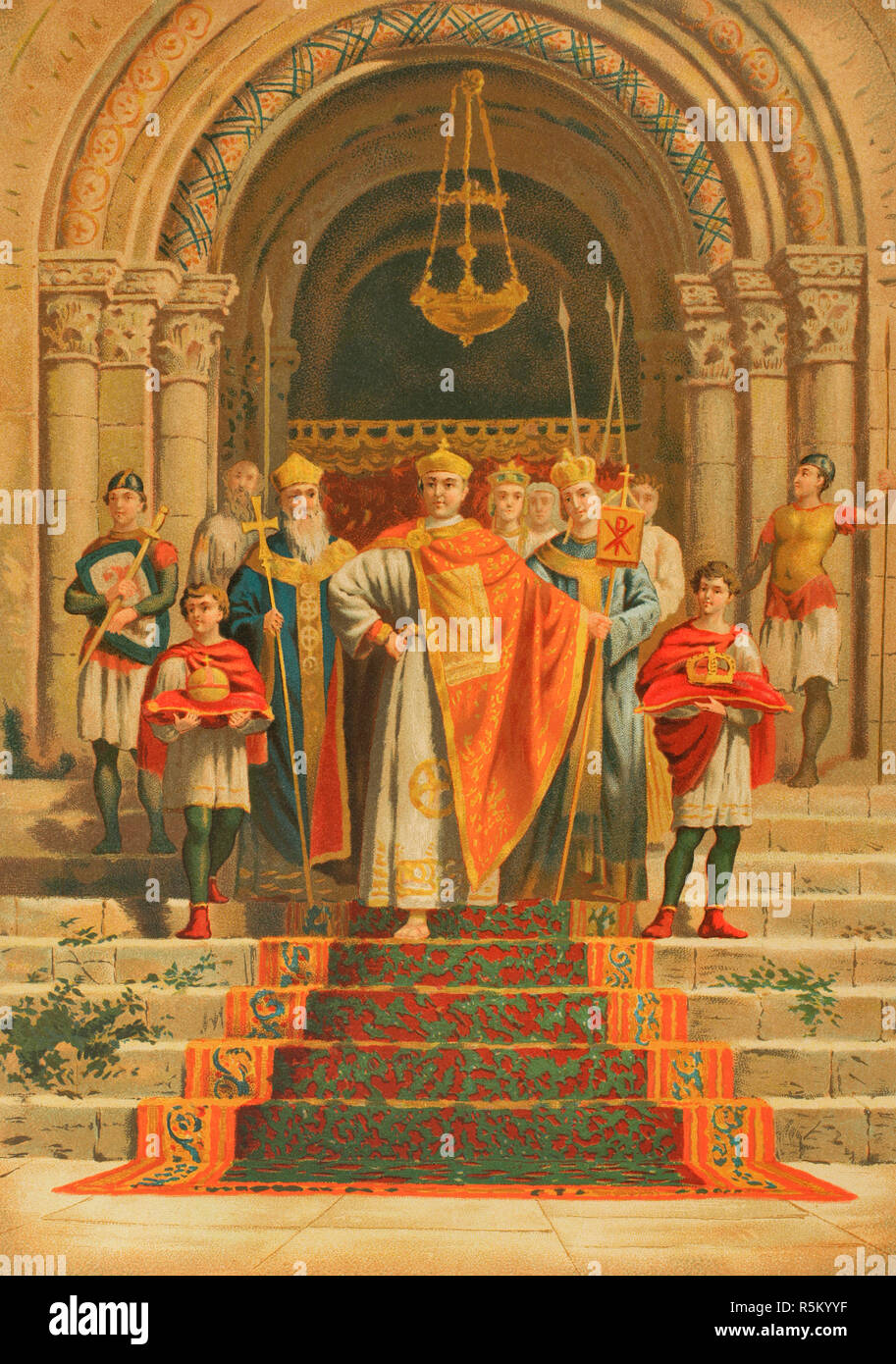Arcadius (377-408). Orientale imperatore romano da 395 a 408. Arcadius che appare in pubblico. Chromolithography. La Civilizacion (la civiltà), volume III, 1882. Foto Stock