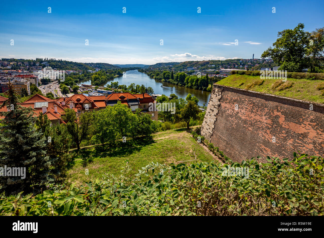 Praga da sopra con la piena del fiume Moldava. Incredibile colorato paesaggio urbano in estate con erba verde, alberi e cespugli nella parte anteriore, vista dal centro cittadino Foto Stock
