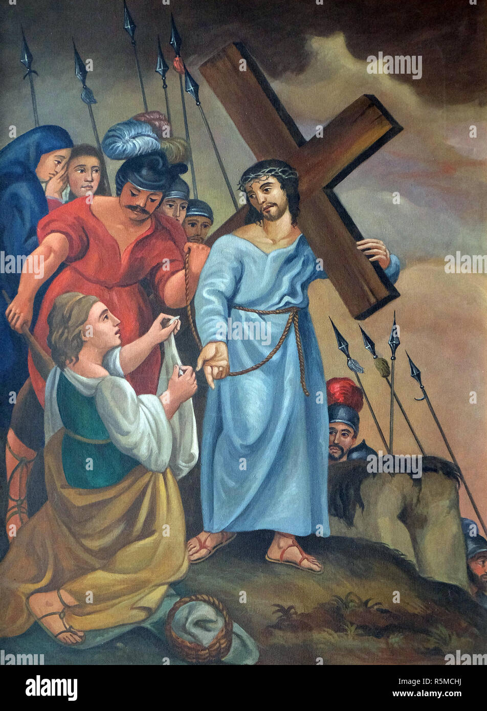 6 stazioni della Via Crucis, La Veronica asciuga il volto di Gesù, Maria im Grunen tal chiesa di pellegrinaggio in Retzbach, Germania Foto Stock