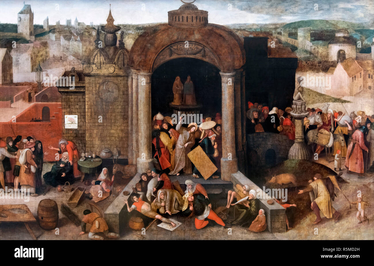 Cristo guida i commercianti dal tempio di Pieter Brueghel il Vecchio o seguace di Hieronymus Bosch, olio su pannello, dopo 1570 Foto Stock