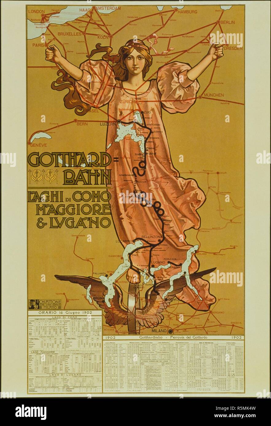 Orari dei treni della Gotthard-Railway per l'anno 1902. Museo: Collezione privata. Autore: Chiattone, Gabriele. Foto Stock