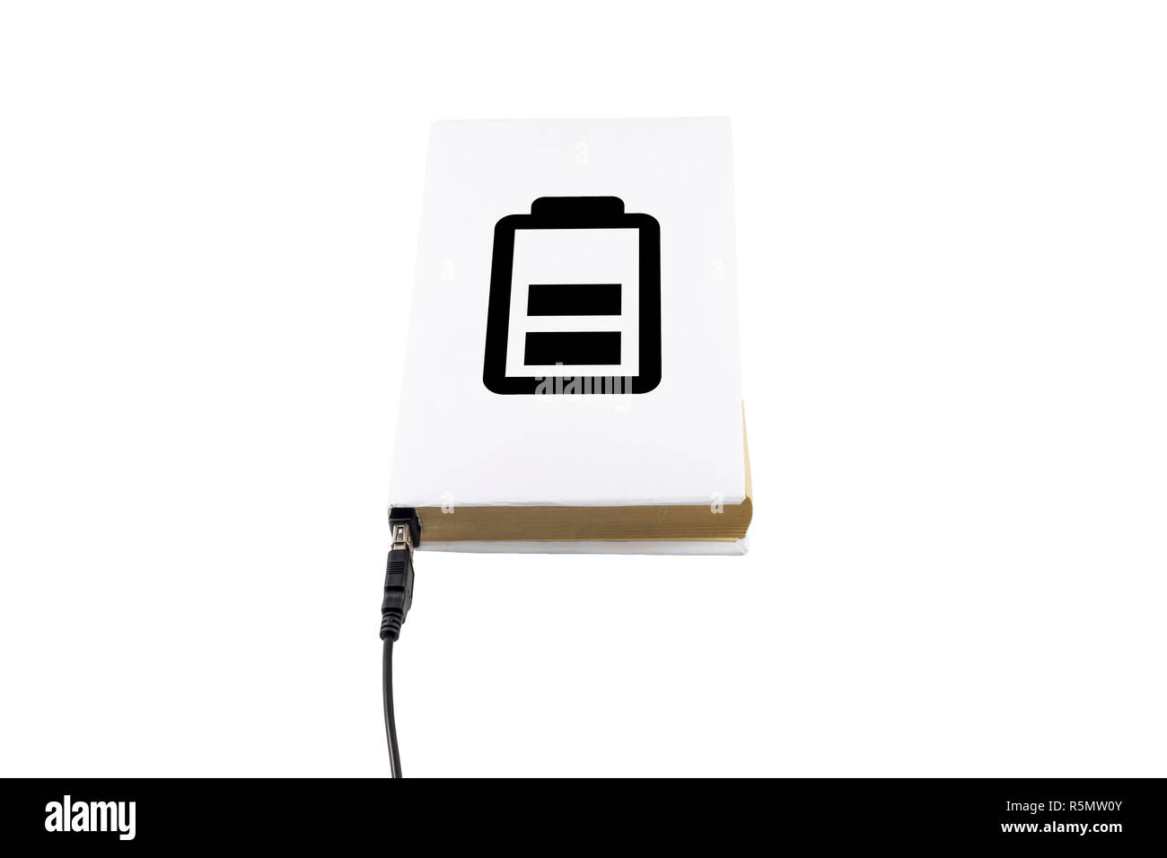 Prenota con il simbolo della batteria collegata ad un cavo USB Foto Stock