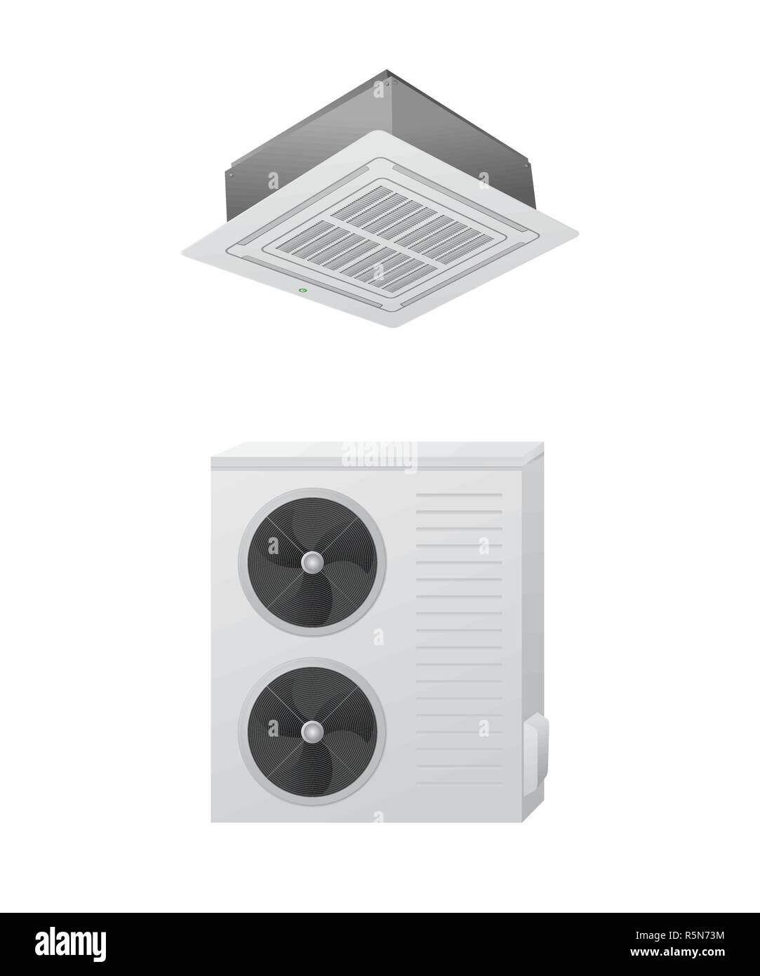 L'aria condizionata split system illustrazione vettoriale. Esterni e unità interna. HVAC. Cassetta a soffitto. Illustrazione Vettoriale