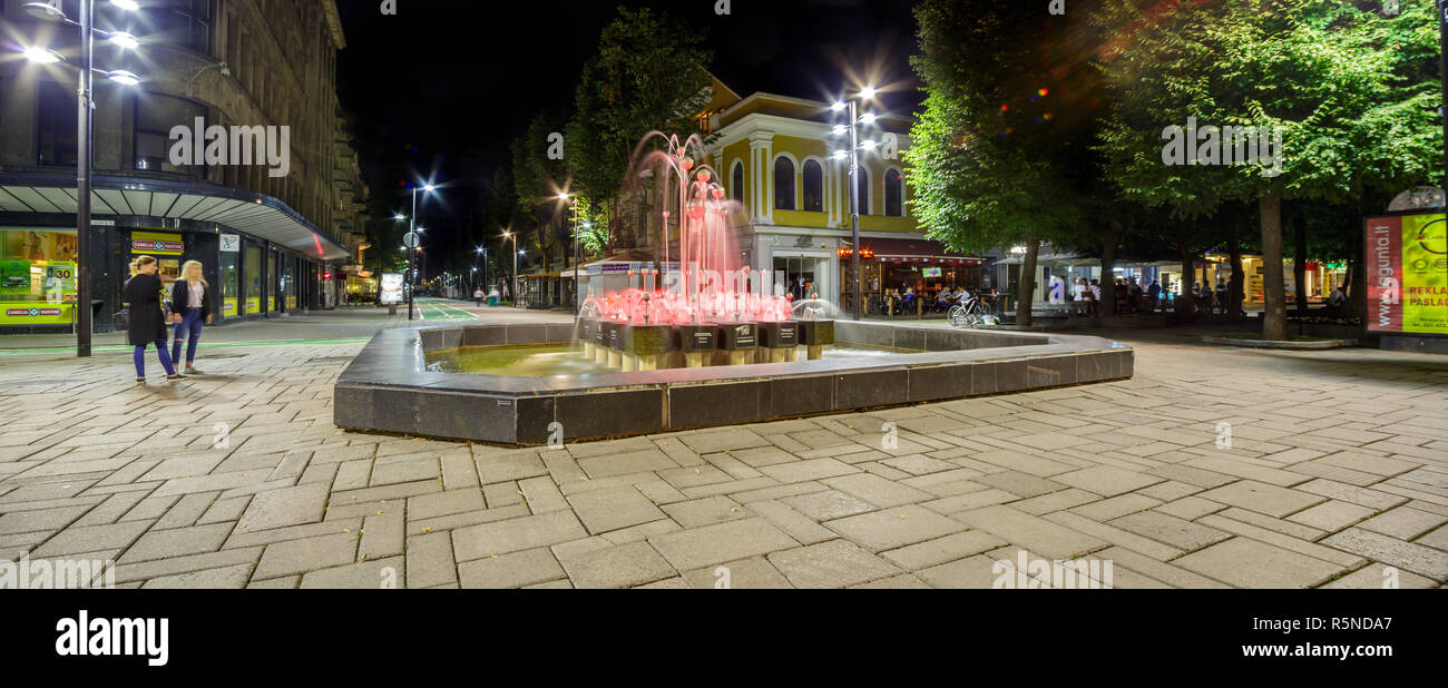 KAUNAS, Lituania - 01 agosto 2017: Fontana nel central street Laisves Aleja. Vista notturna Foto Stock