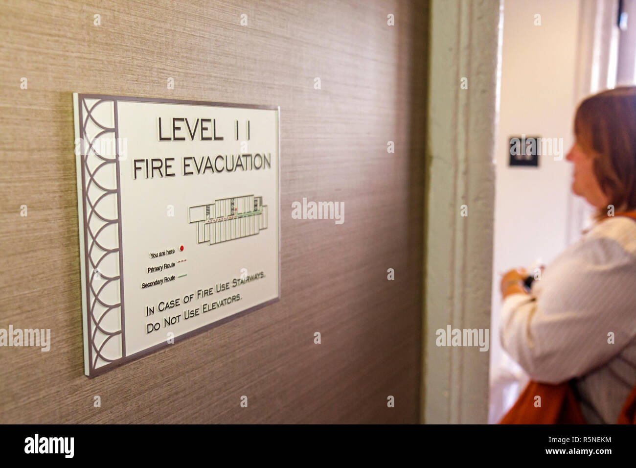 Miami Florida,Coral Gables,Hyatt Regency hotel segno fuoco evacuazione mappa indicazioni, Foto Stock