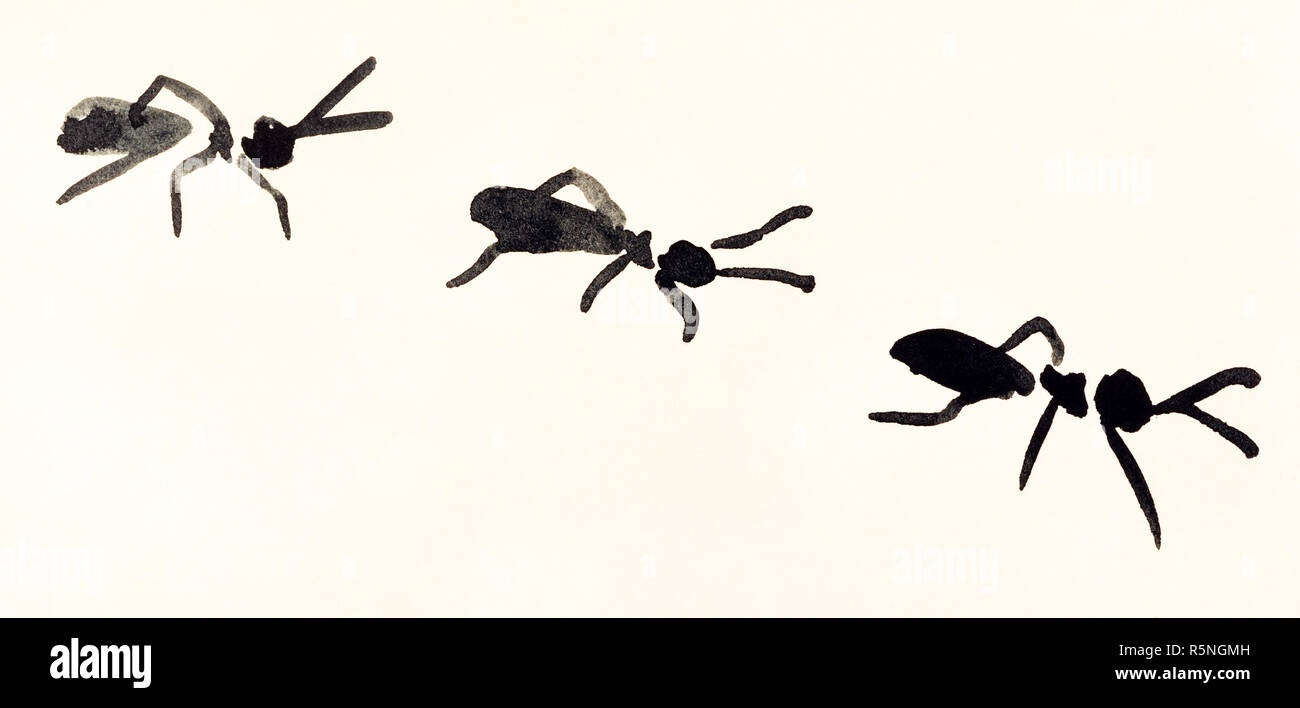 La linea di formiche dipinta a mano sulla crema di carta colorata Foto Stock