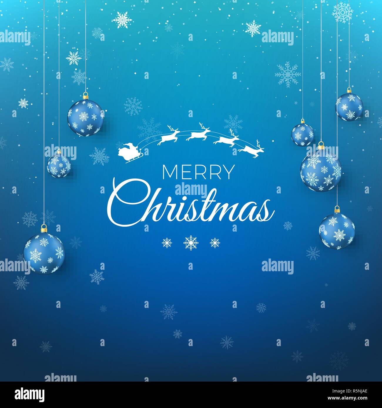 Merry Christmas greeting card. Babbo Natale volare nel cielo e testo di saluto. Sfondo blu con i fiocchi di neve decorato da palle di Natale. Illustra il vettore Illustrazione Vettoriale