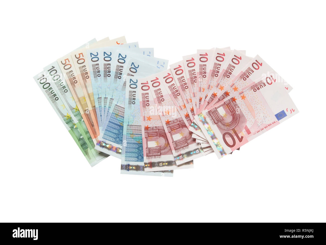 Pila di Unione europea valuta banconote isolato su sfondo bianco con tracciato di ritaglio Foto Stock
