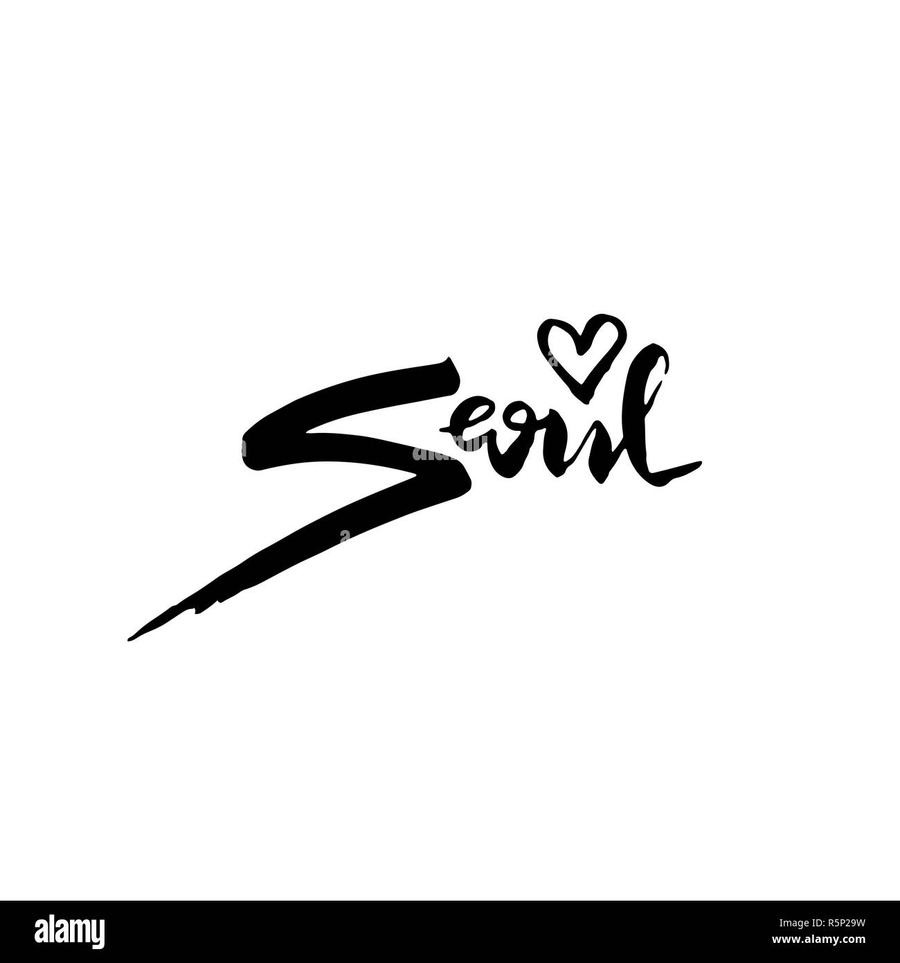 Seul in Corea. Tipografia pennello asciutto lettering design. Disegnato a mano poster di calligrafia. Illustrazione Vettoriale. Illustrazione Vettoriale