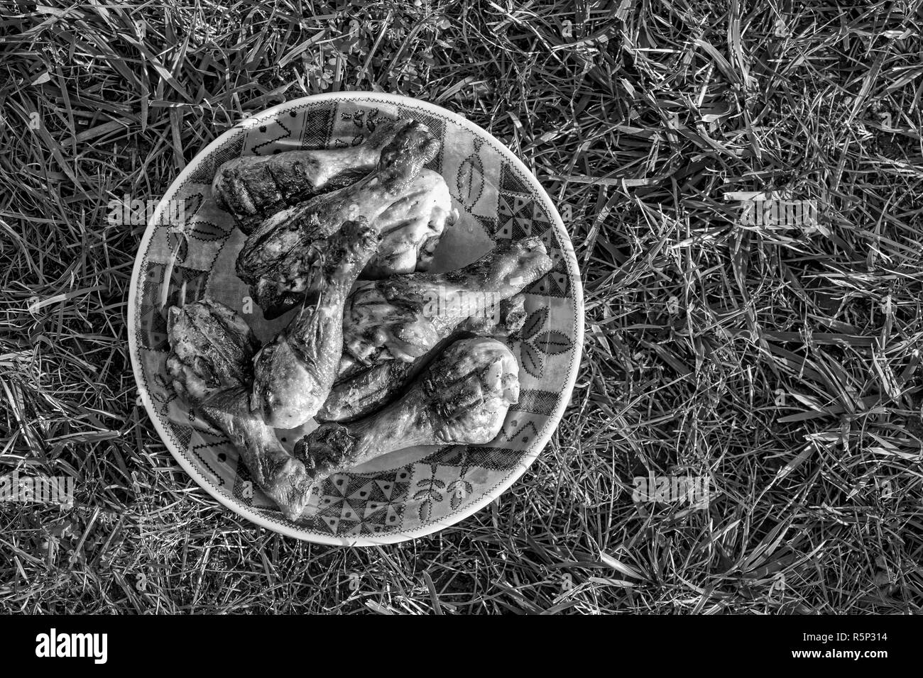 In bianco e nero. Barbeque, barbecue all'aperto. Pollo alla griglia le gambe su uno sfondo di erba verde.vista superiore Foto Stock
