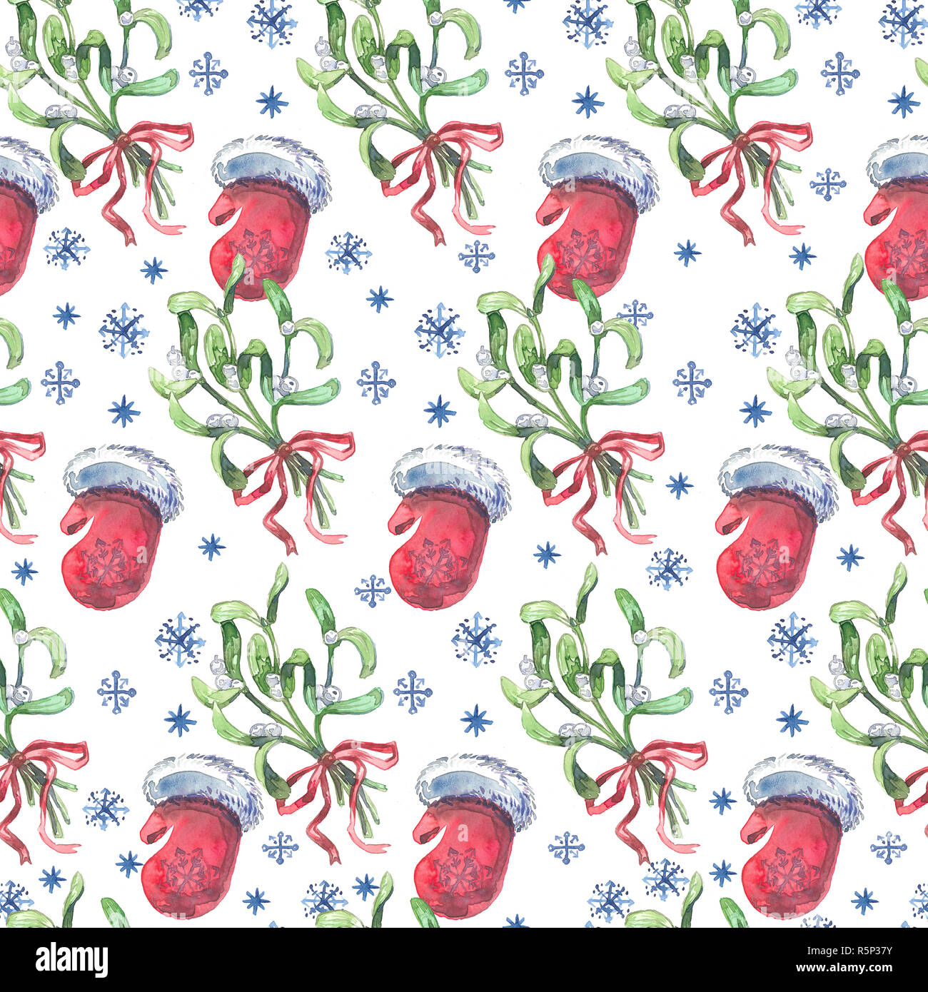 Acquerello Natale seamless pattern con il vischio, rosso mezzoguanti e fiocchi di neve. Foto Stock