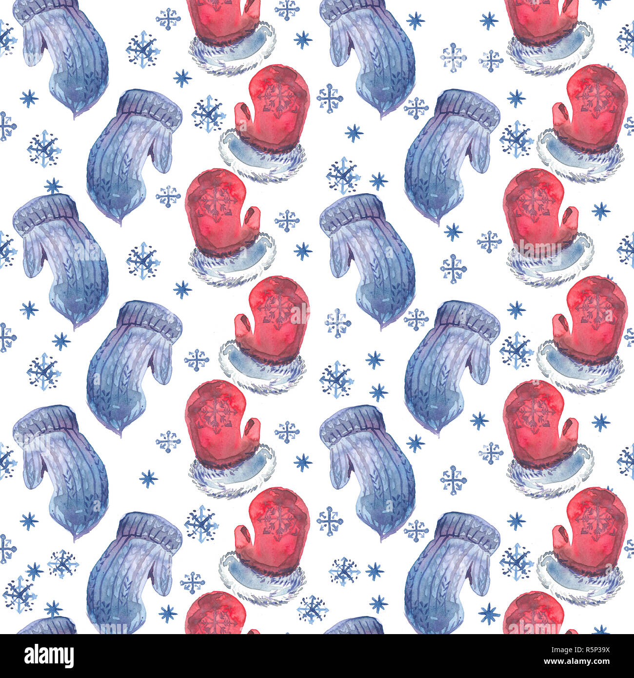 Acquerello Natale seamless pattern con il blu e il rosso mezzoguanti e fiocchi di neve. Foto Stock