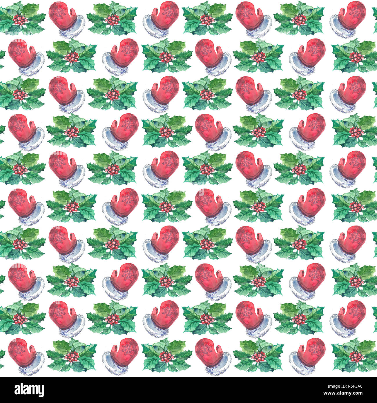 Acquerello Natale seamless pattern con red muffole, bacche e holly rami. Foto Stock