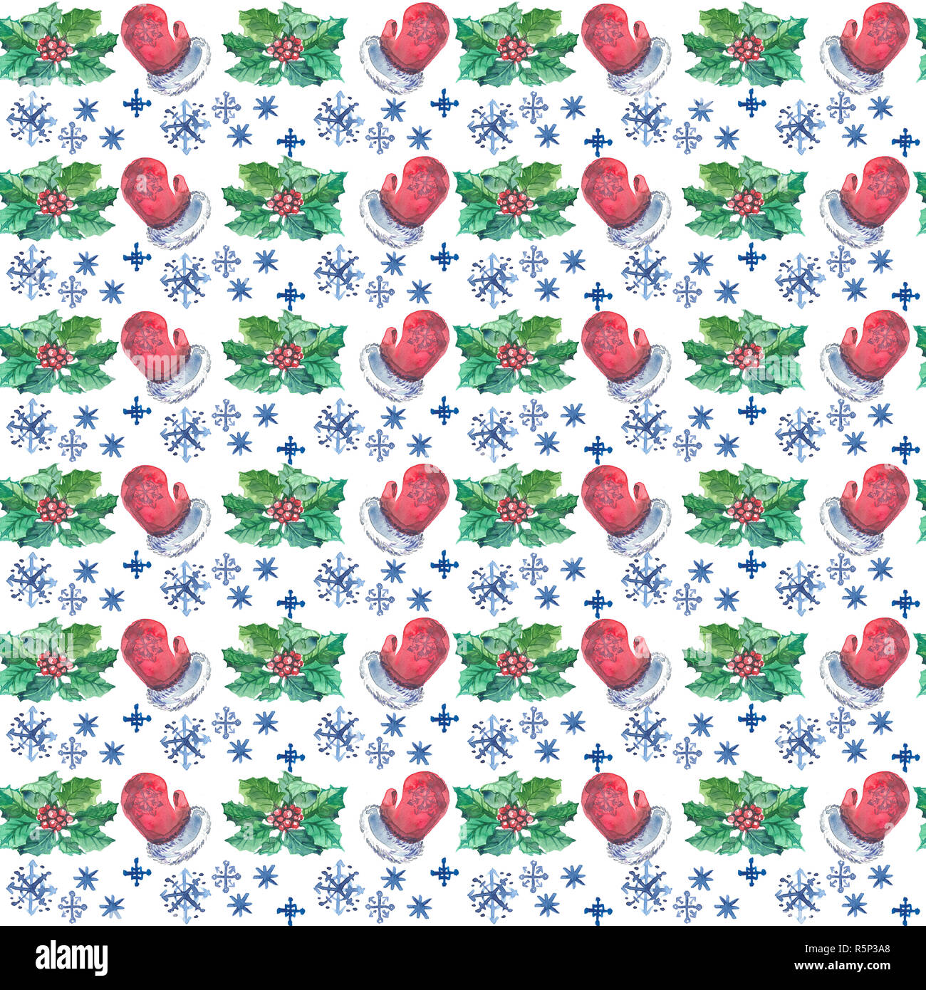 Acquerello Natale seamless pattern con red muffole, bacche, agrifoglio rami e i fiocchi di neve. Foto Stock