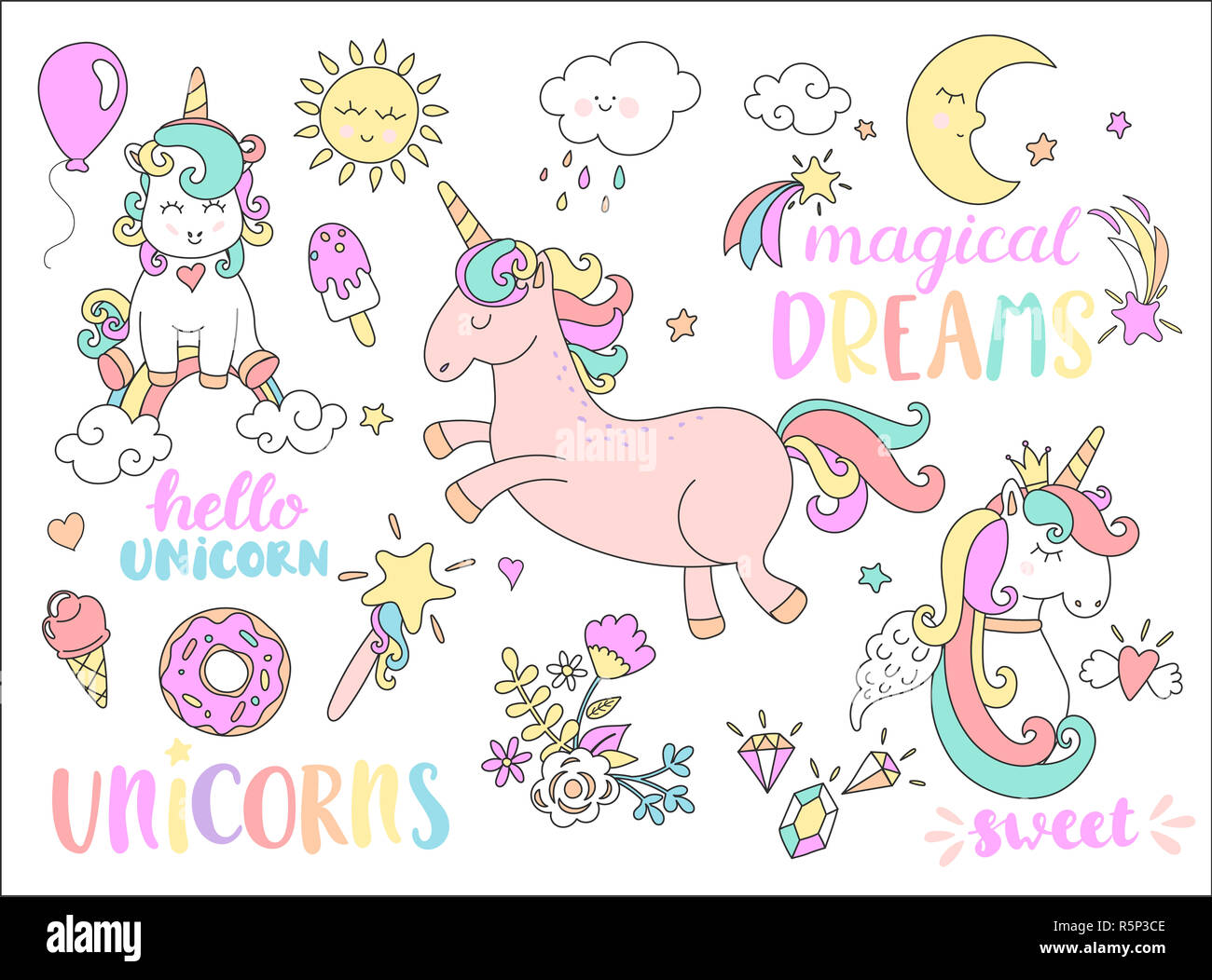 Set di unicorns e altre favole di adesivi. Foto Stock