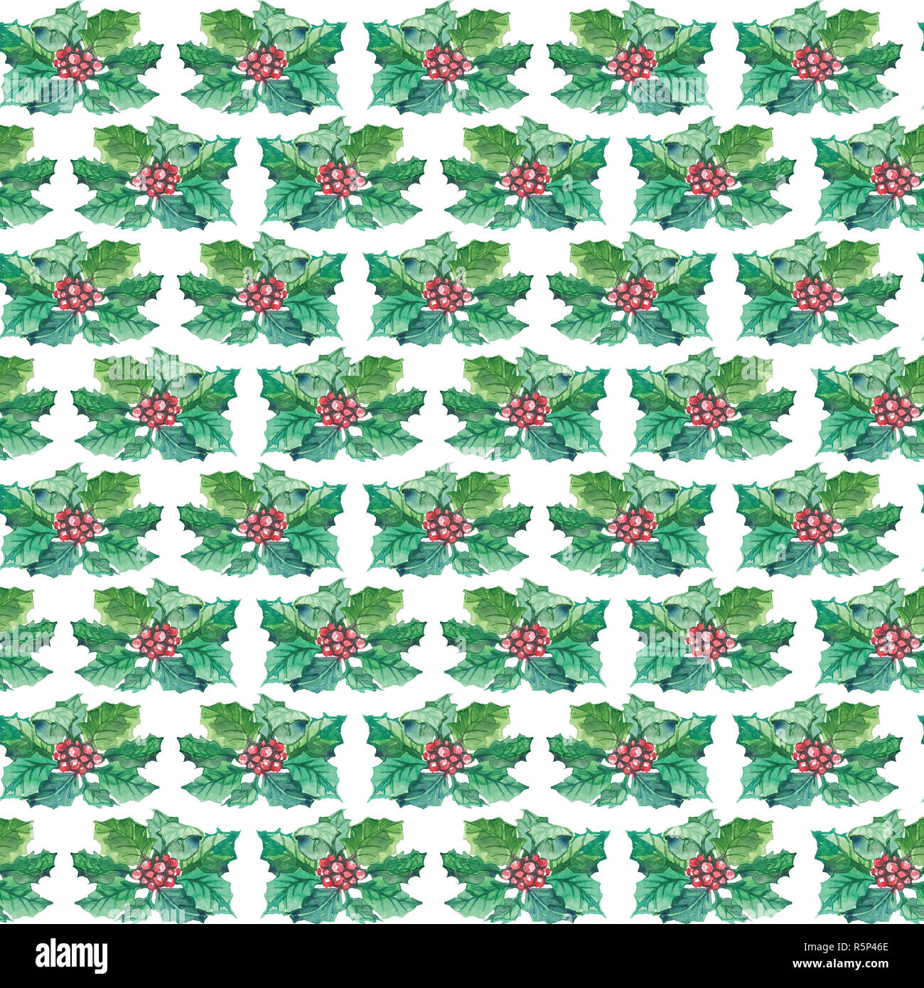 Acquerello natale pattern senza giunture di holly berry ramoscelli su sfondo bianco. Foto Stock