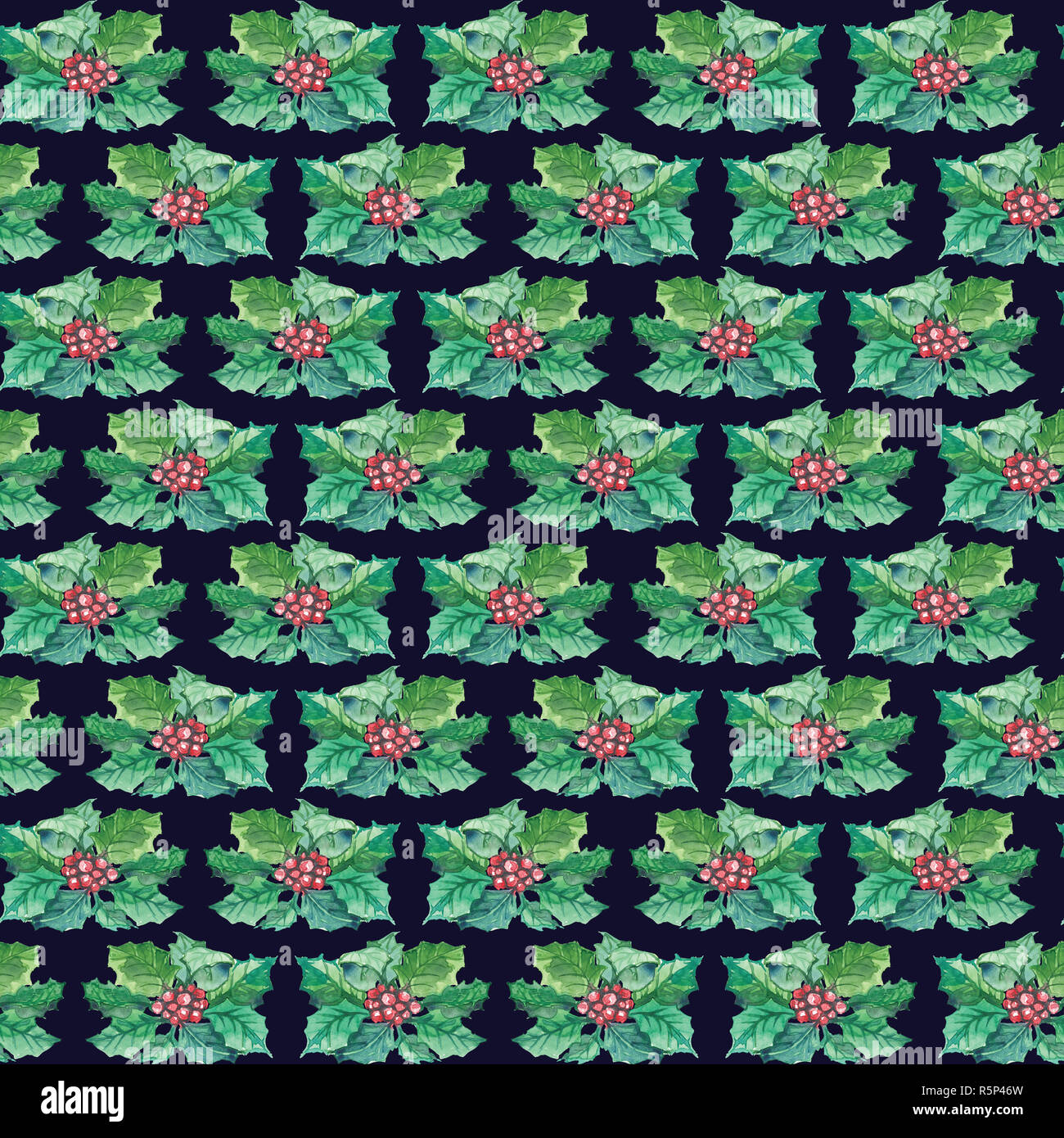 Acquerello natale pattern senza giunture di holly berry ramoscelli su sfondo nero. Foto Stock