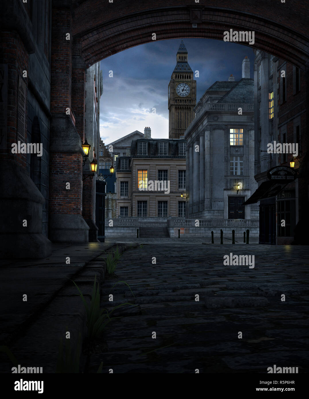 3D render di London street scene di notte con la città ottocentesca di edifici e il Big Ben Foto Stock