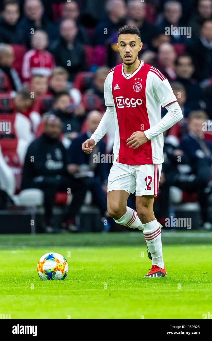 AMSTERDAM, Paesi Bassi, 02-12-2018, calcio, Johan Cruijff ArenA, eredivisie Olandese, stagione 2018/2019, Ajax player Mazraoui Noussair, durante la partita Ajax - ADO, Foto Stock
