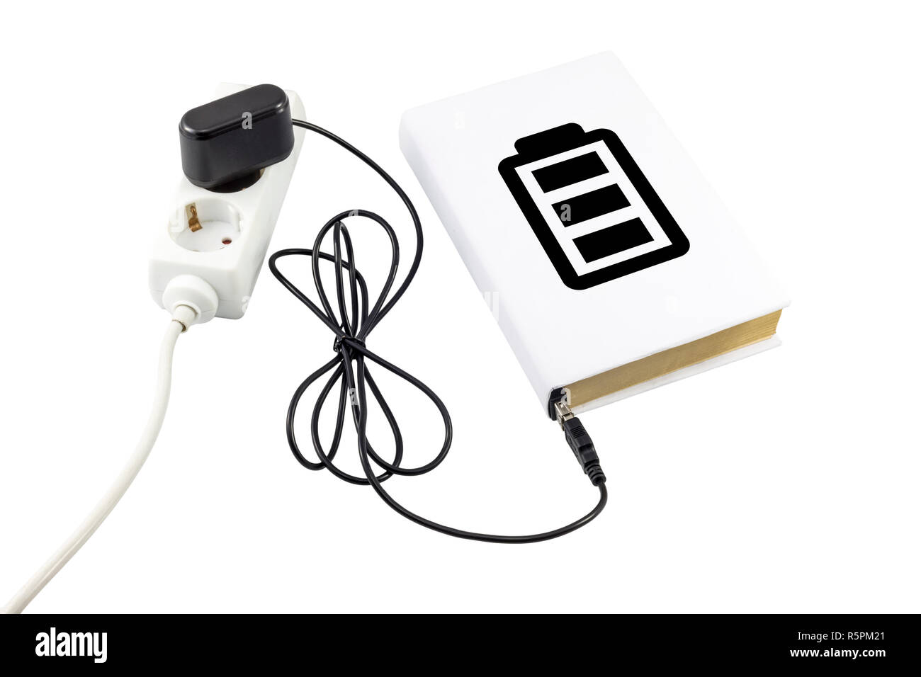 Prenota collegato a un caricabatteria USB. Il simbolo della batteria indica il livello di carica. Foto Stock