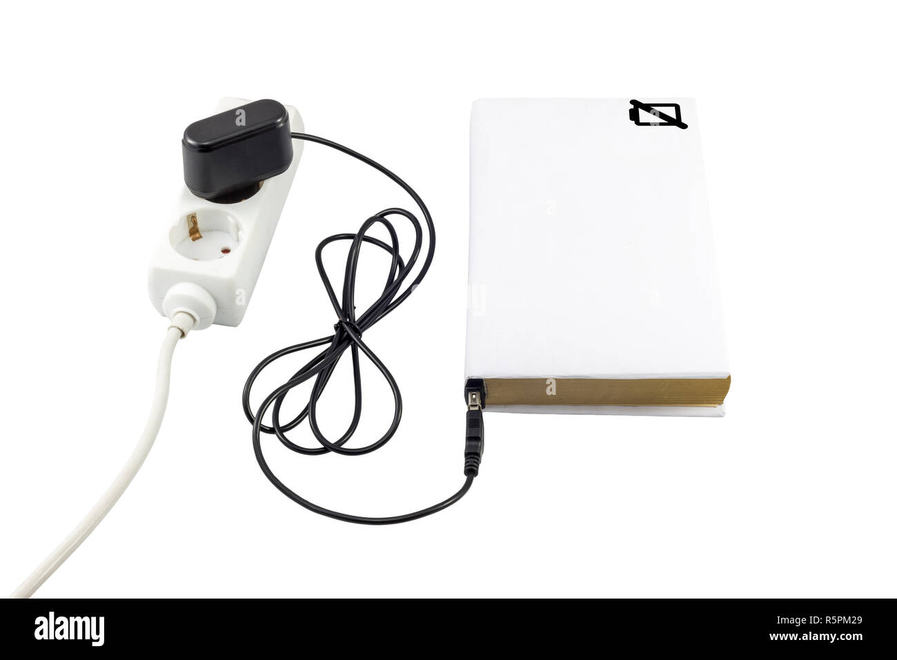 Prenota collegato a un caricabatteria USB. Il simbolo della batteria indica il livello di carica. Foto Stock