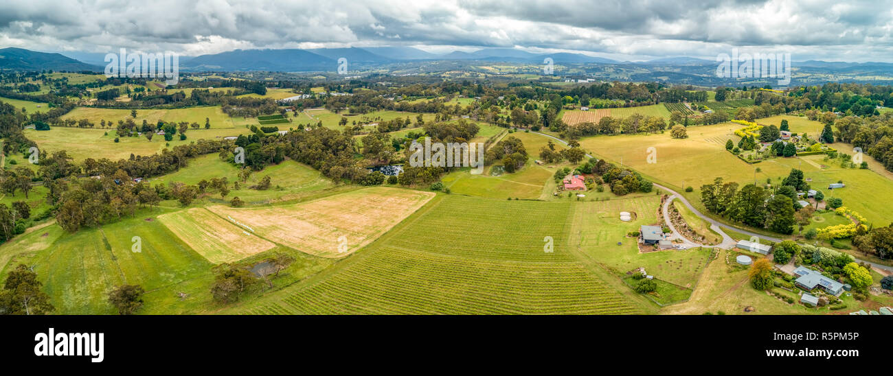 Antenna panorama di colline e campi su nuvoloso giorno vicino a Melbourne, Australia Foto Stock