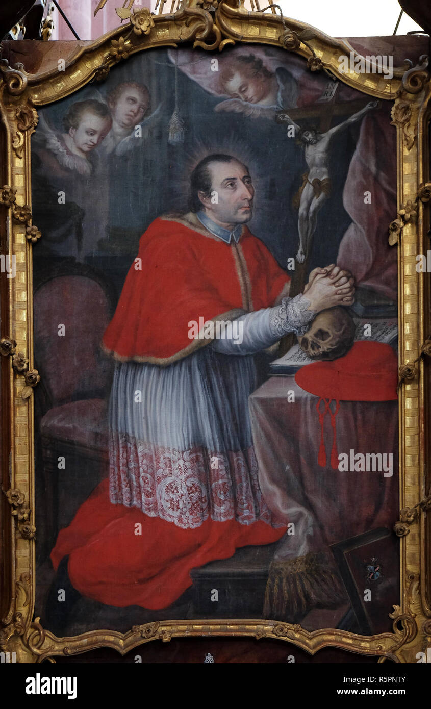 San Carlo Borromeo, ancona in Abbazia Cistercense di Bronbach in Reicholzheim vicino Wertheim, Germania Foto Stock