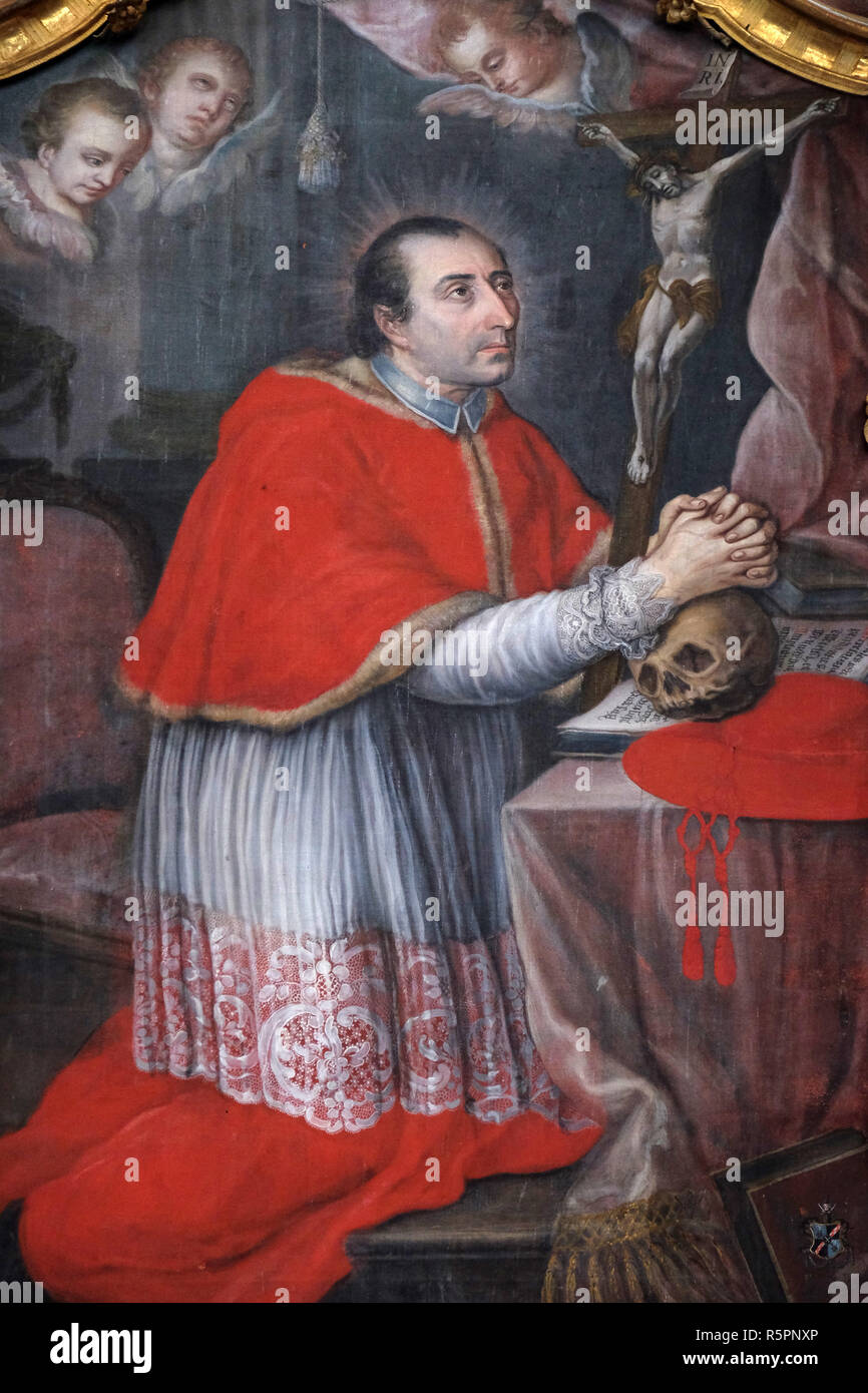 San Carlo Borromeo, ancona in Abbazia Cistercense di Bronbach in Reicholzheim vicino Wertheim, Germania Foto Stock