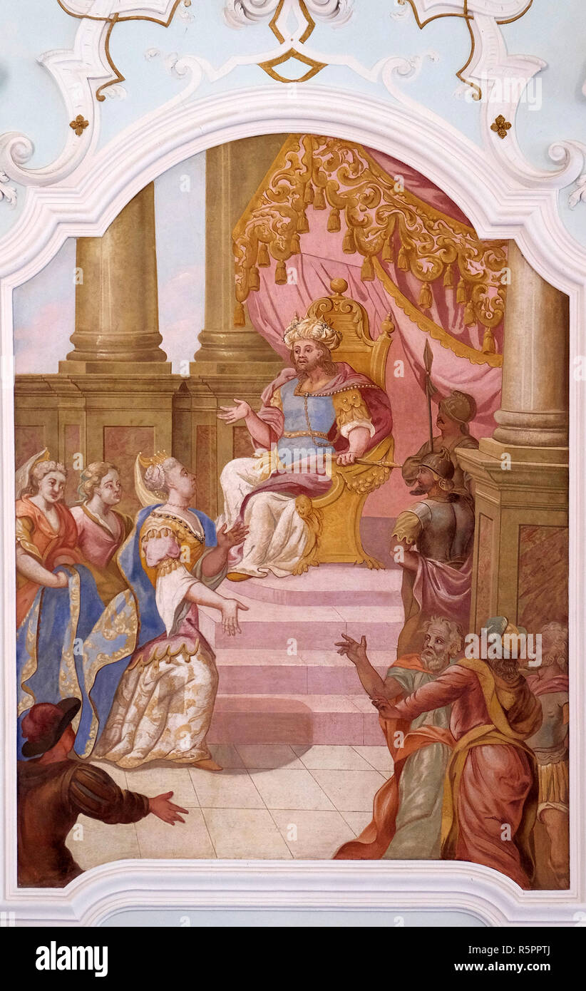 Affresco del soffitto da Johann Adam Remele in Joseph Hall, Abbazia Cistercense di Bronbach in Reicholzheim vicino Wertheim, Germania Foto Stock