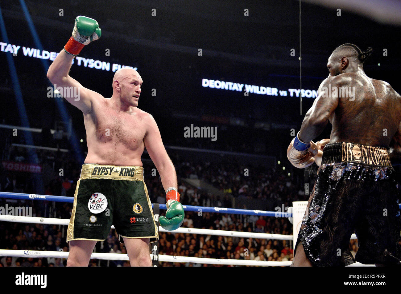 Deontay Wilder e Tyson Fury durante il WBC Heavyweight Championship bout al Staples Center di Los Angeles. Foto Stock