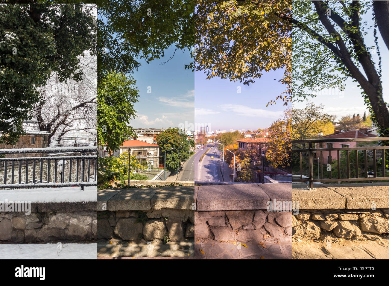 Le quattro stagioni del concetto. L'effetto delle 4 stagioni sull'ambiente urbano. Quattro foto di un luogo catturati nel corso di un anno e perfettamente miscelati Foto Stock