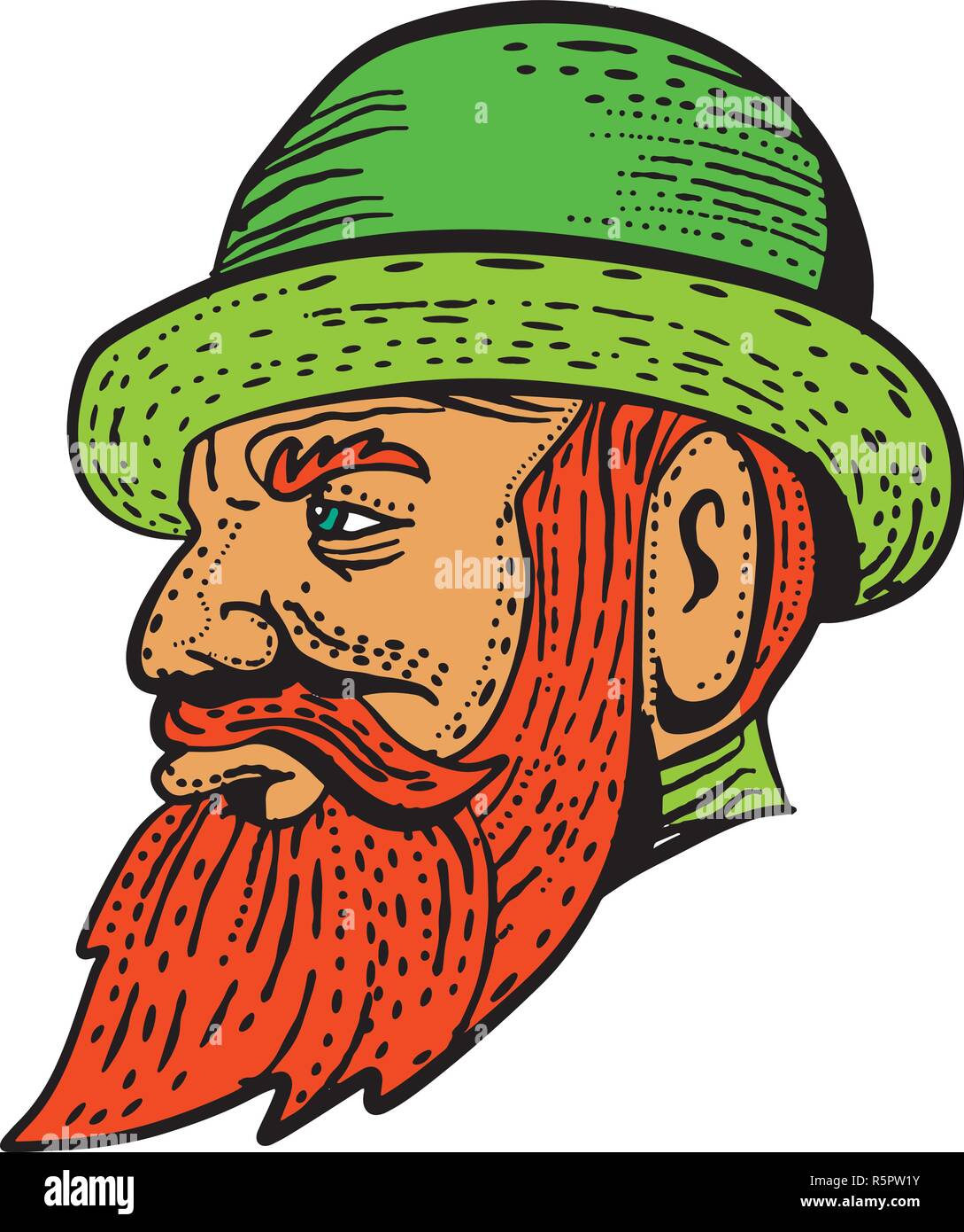 Lo stile di attacco illustrazione di un hipster gentiluomo con folta barba e baffi indossando un cappello bowler viwedr dal lato fatto su scraperboard scratchboar Illustrazione Vettoriale