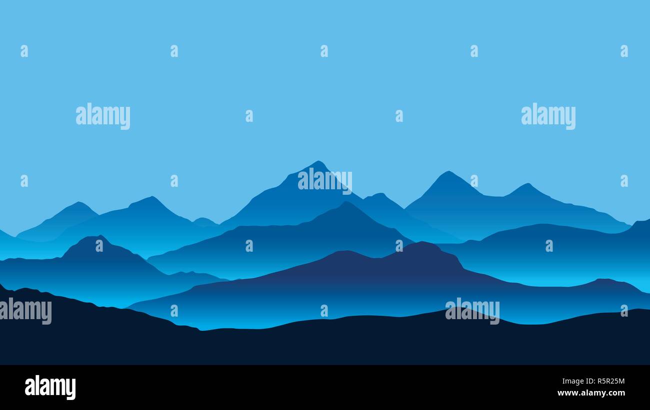 Illustrazione realistica del paesaggio di montagna con la nebbia sotto il cielo blu - vettore Illustrazione Vettoriale