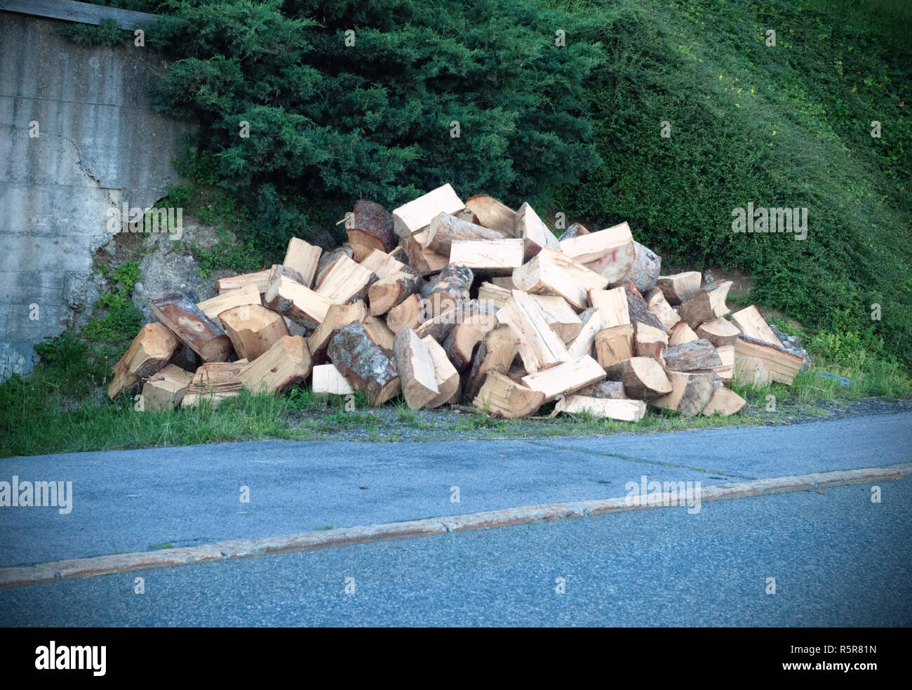Un gran mucchio di legno che è stato tagliato e suddiviso in legna da ardere per essere utilizzati come combustibile per riscaldamento in camini e forni nei freddi mesi invernali. Un Foto Stock