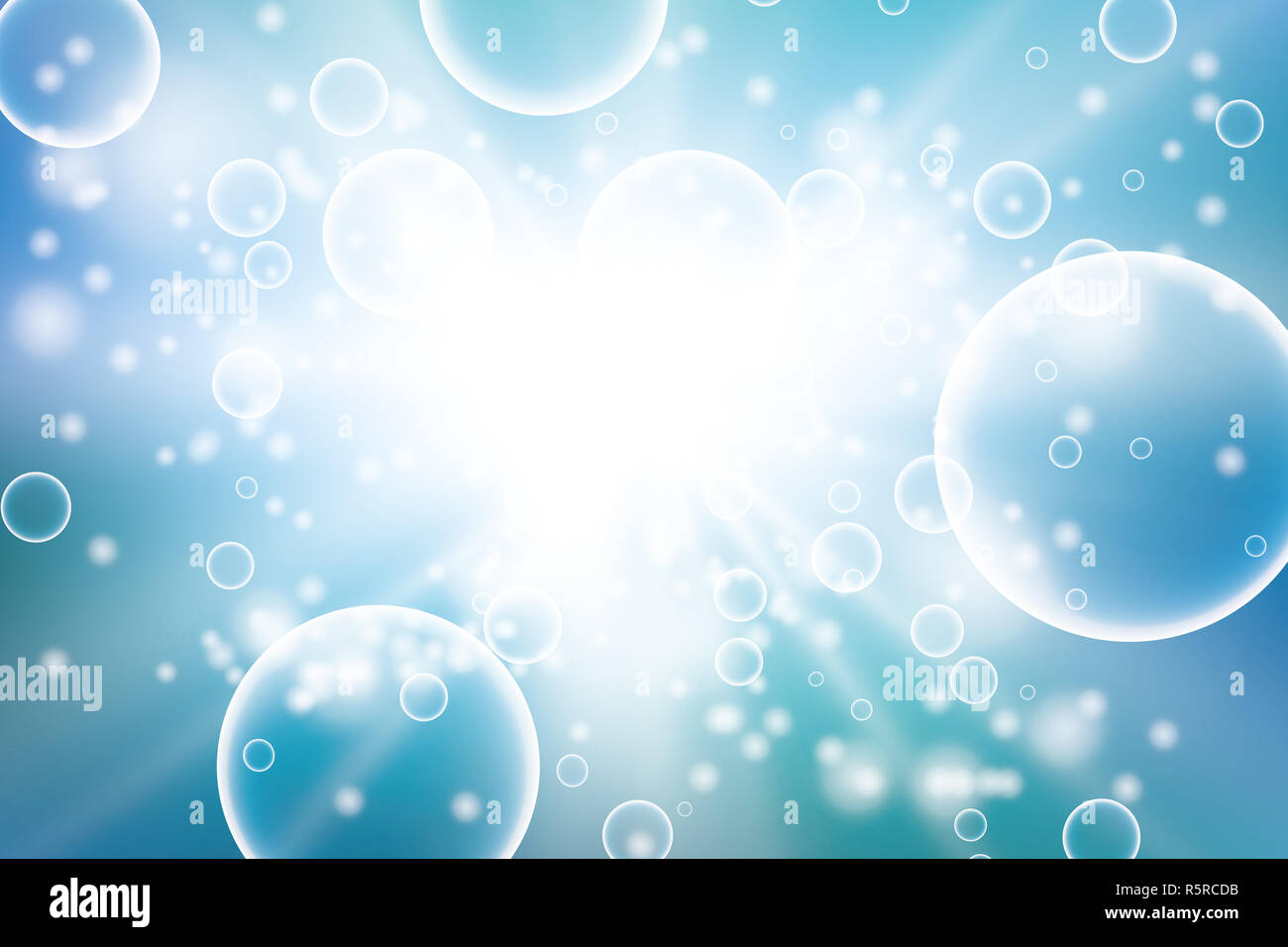 Bolle di ossigeno in acqua sfondo blu per scientifici e concetti biologici. Cerchio trasparente, sfera sfera, acqua mare o oceano, illustrazione vettoriale Foto Stock