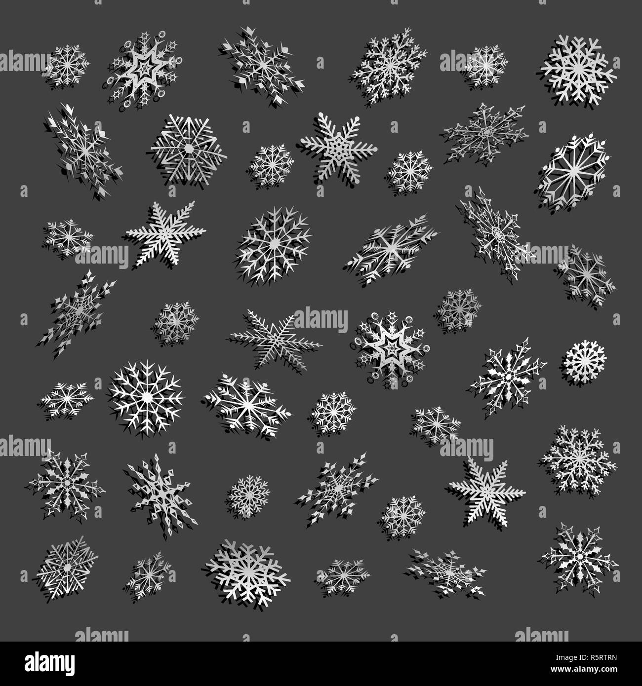 Set di Natale fiocchi di neve su uno sfondo scuro. Illustrazione Vettoriale